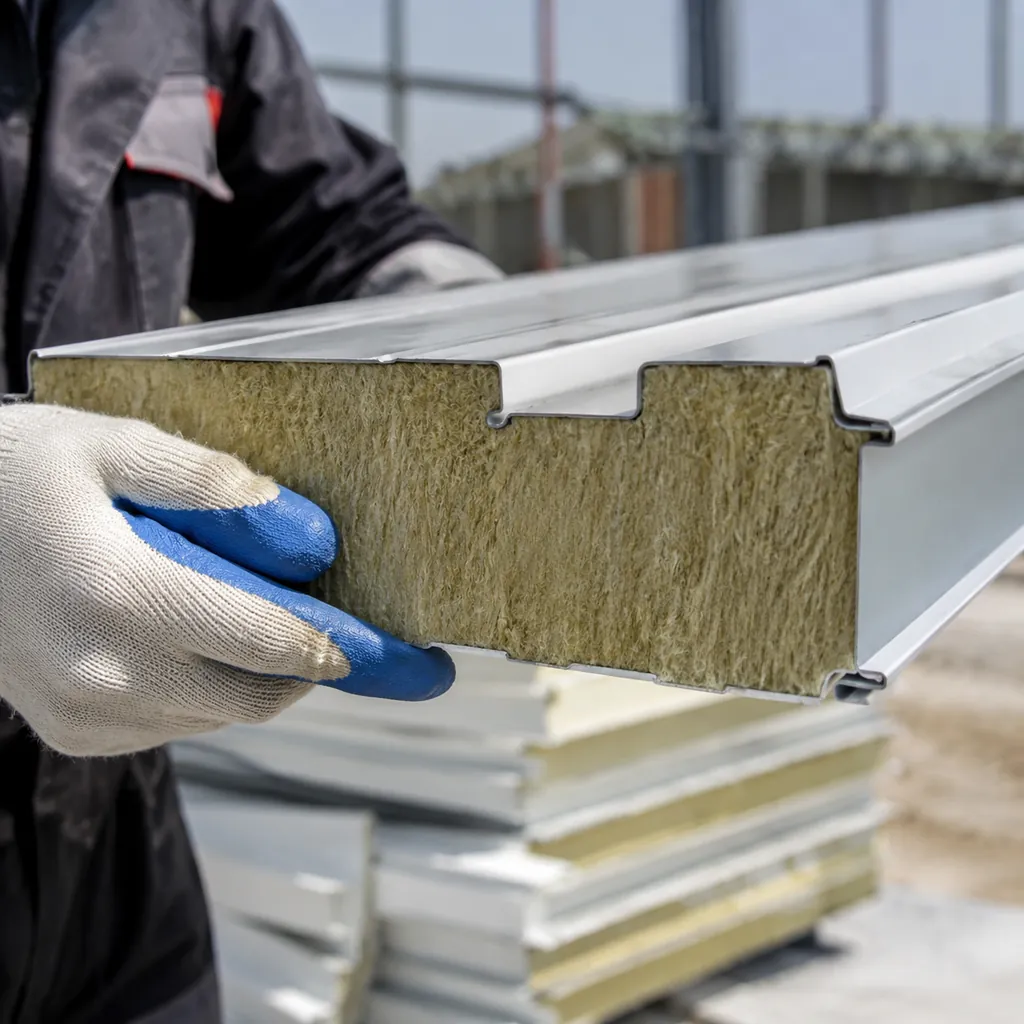 Sandwich panel section showing metal skins and insulation core