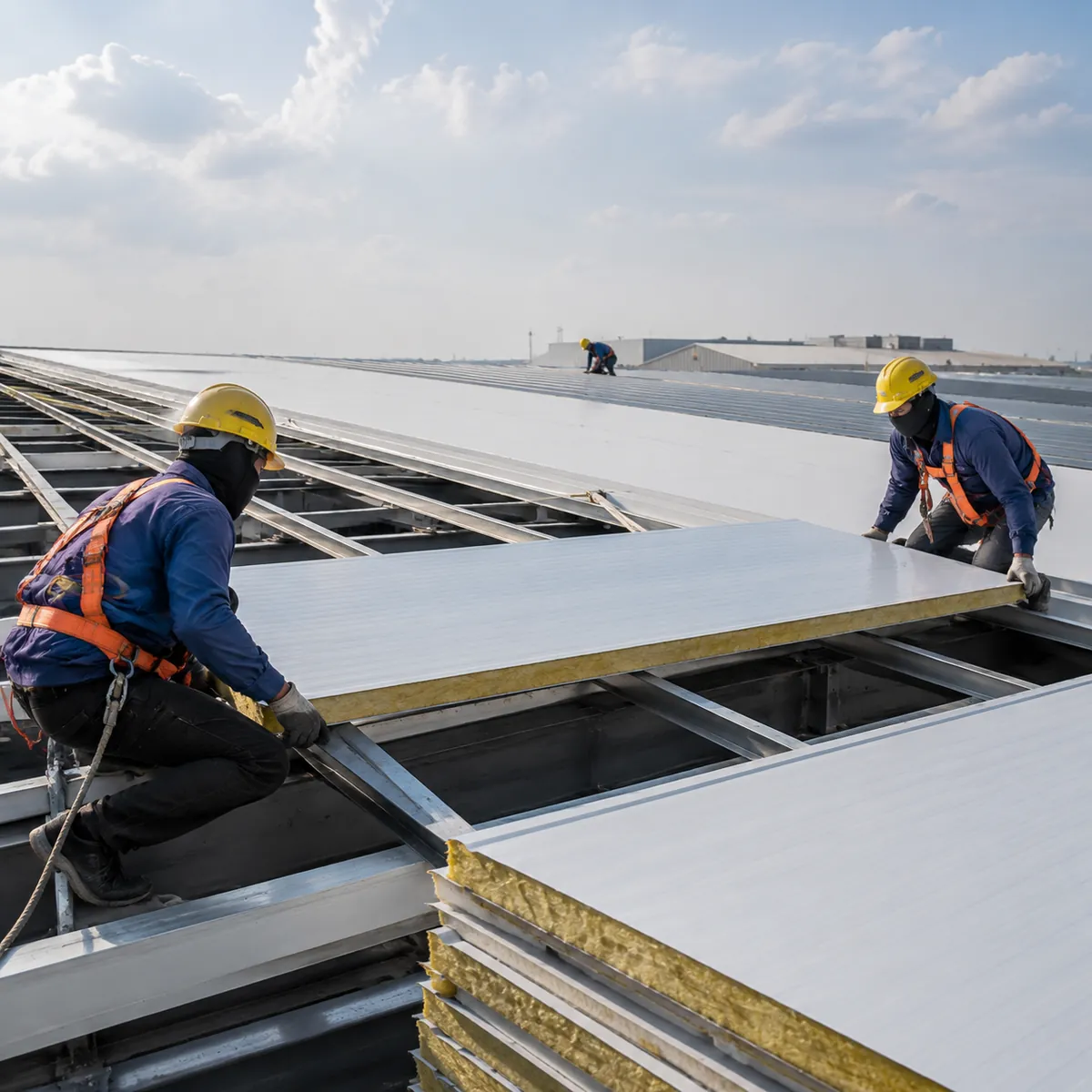 Workers installing insulated roof panels on steel purlins