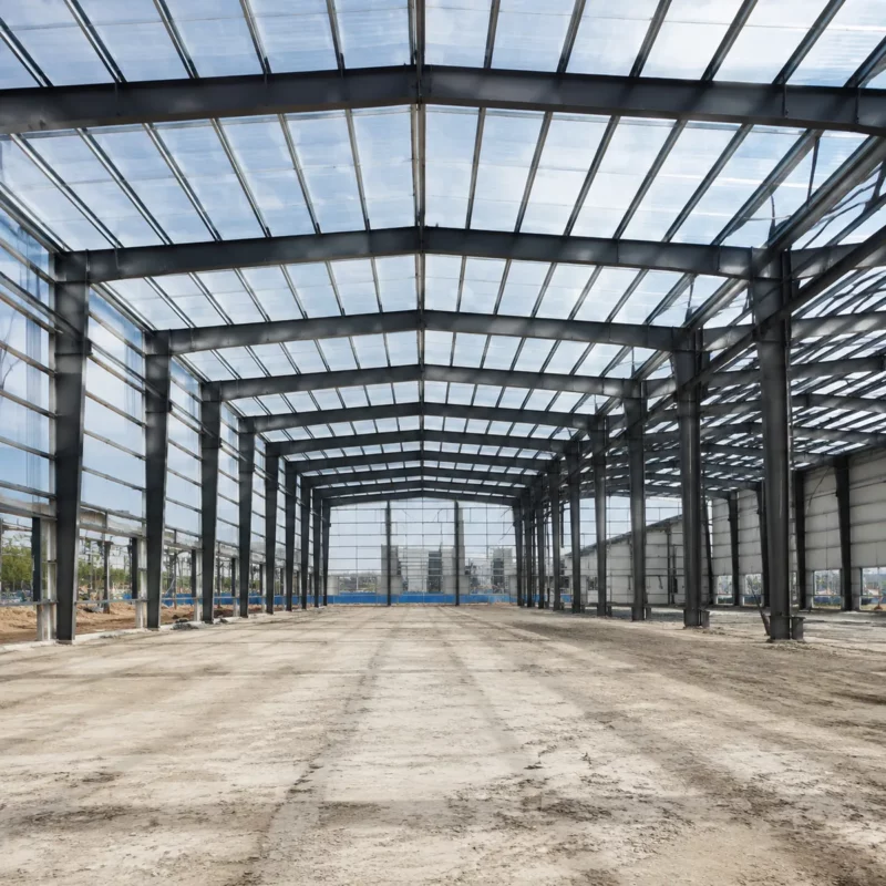 Clear span steel warehouse interior with wide portal frame bays
