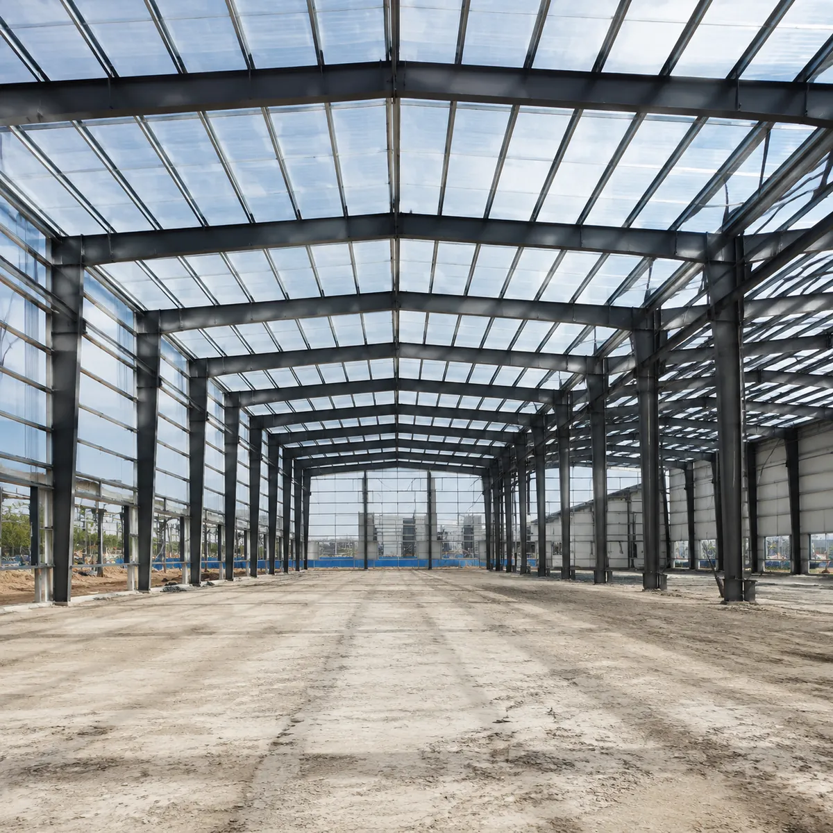 Clear span steel warehouse interior with wide portal frame bays