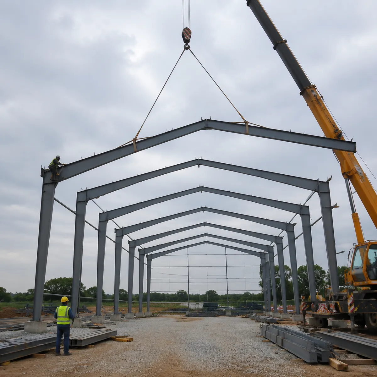 Steel portal frame erection with crane during warehouse construction