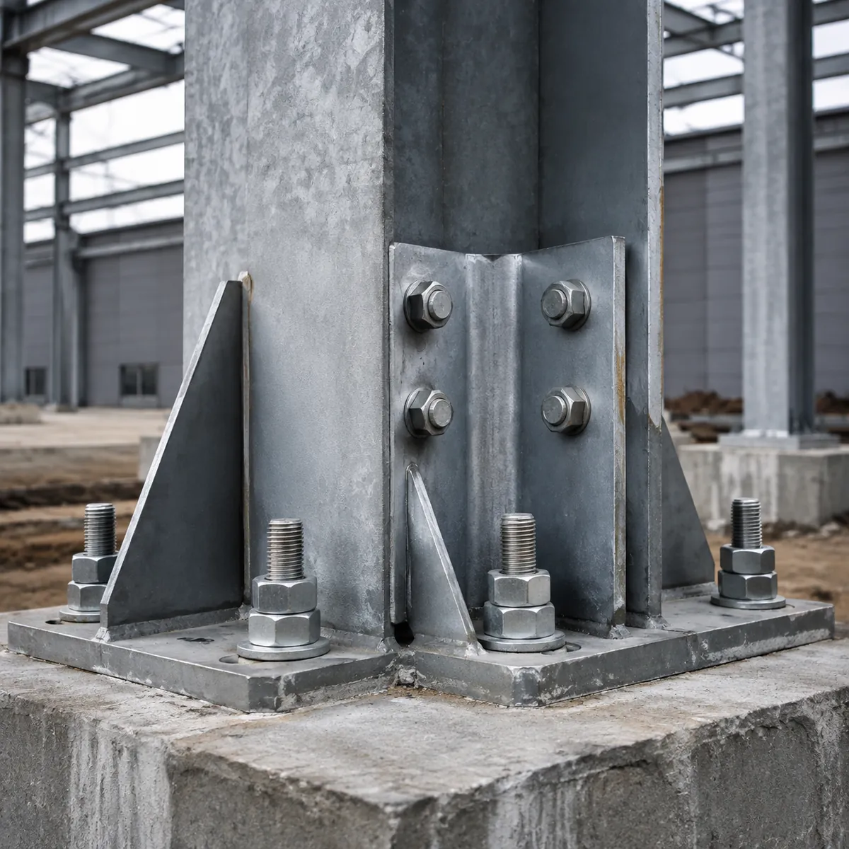Steel warehouse frame connection and anchor bolt base plate detail