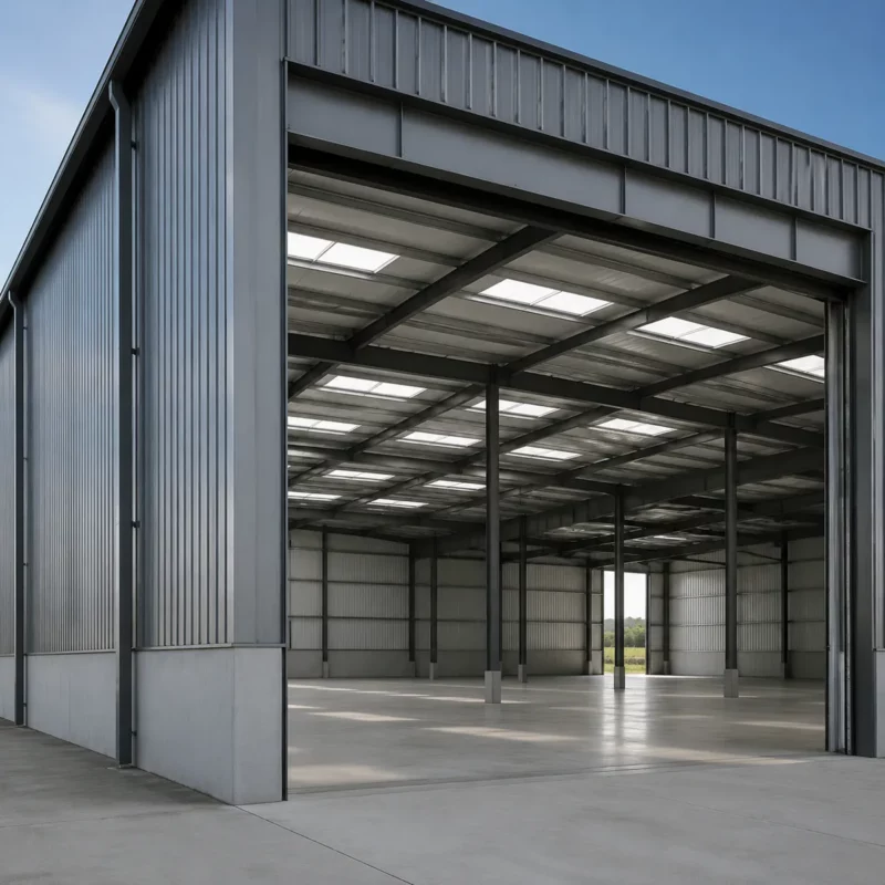 Completed steel warehouse building with grey cladding and open interior
