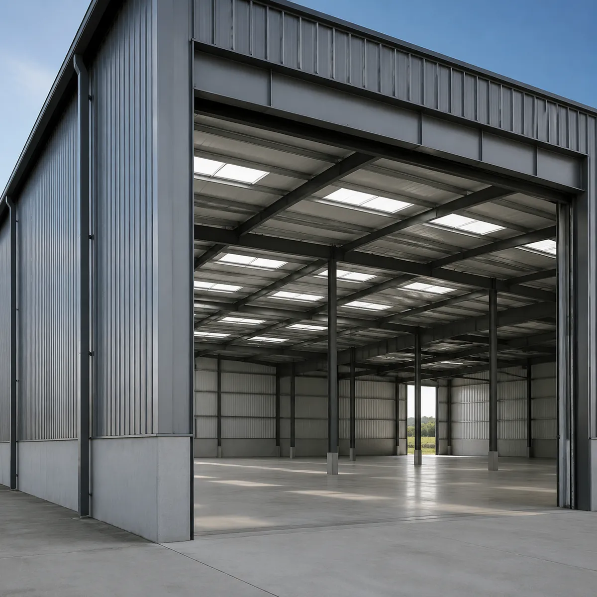 Completed steel warehouse building with grey cladding and open interior