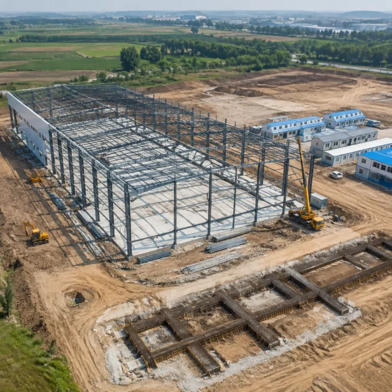Prefab steel warehouse construction site with foundation and frame