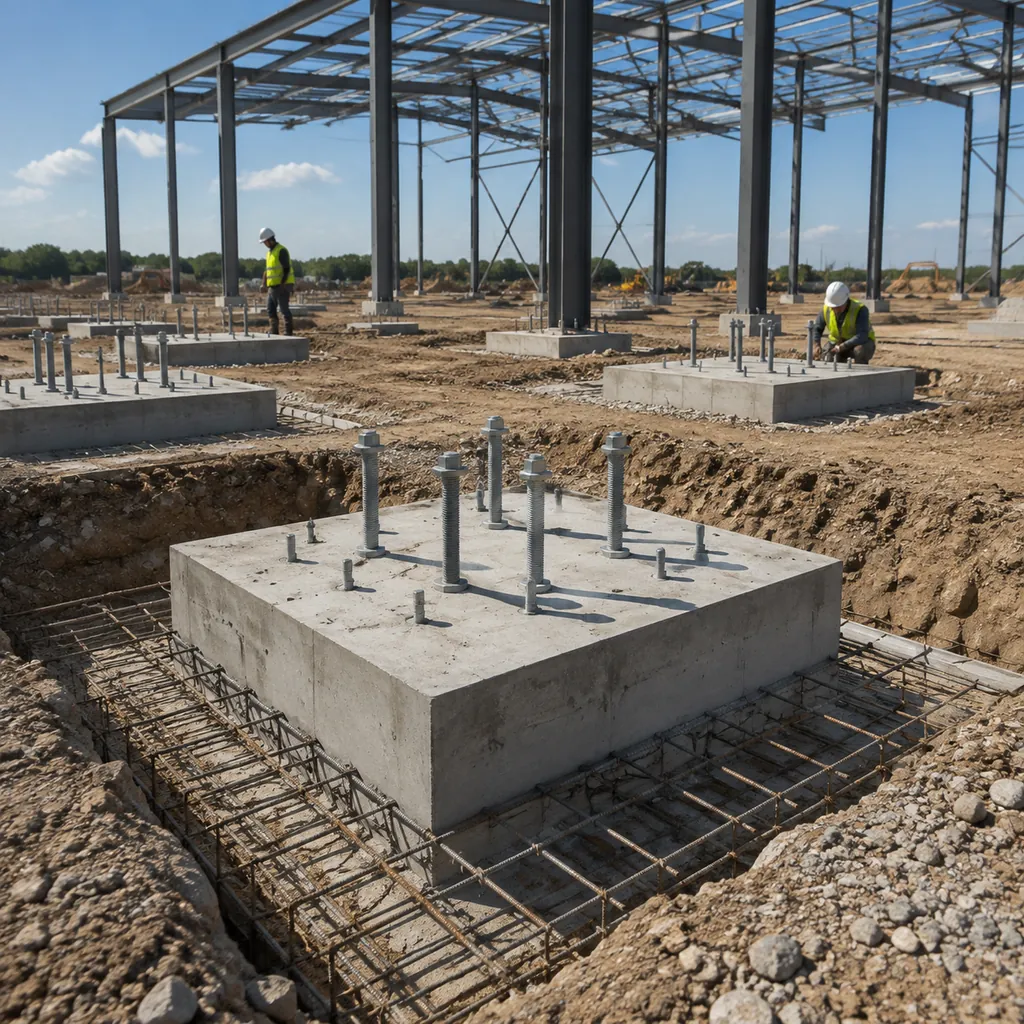 Foundation footings with anchor bolts for a steel warehouse