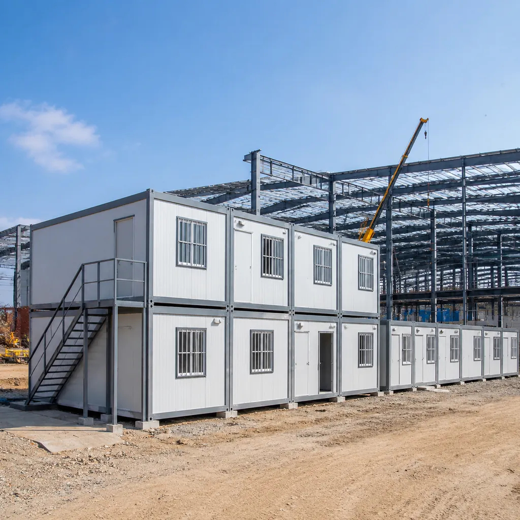 Container site offices at a steel warehouse construction site