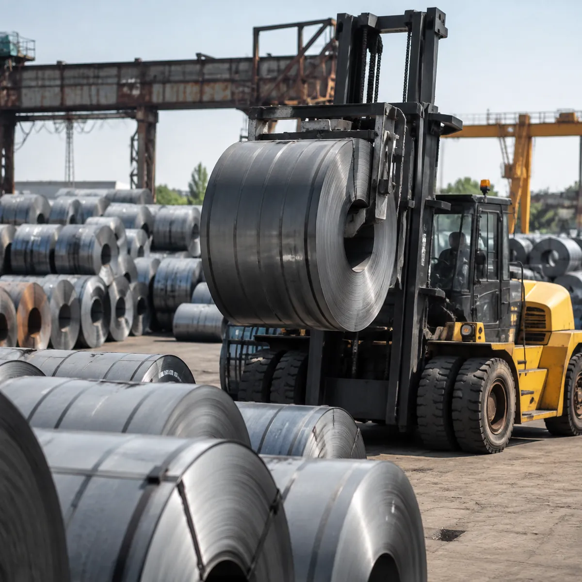 Steel coils in a yard with a forklift moving raw material