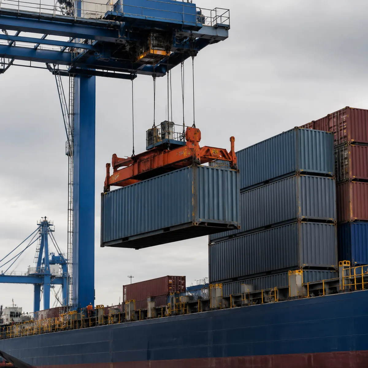 Container port with cranes loading steel cargo onto a ship