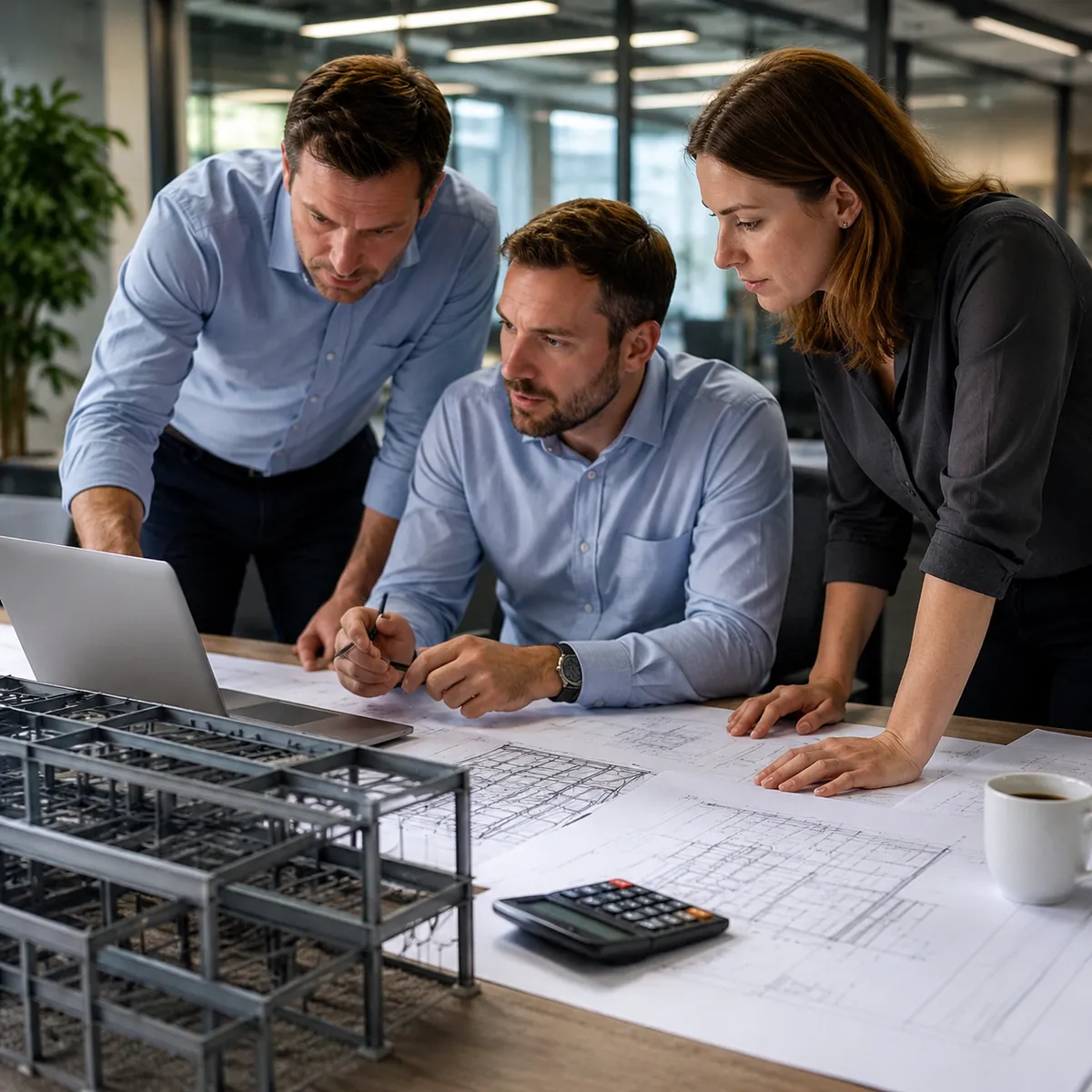 Engineering team reviewing a steel building cost estimate