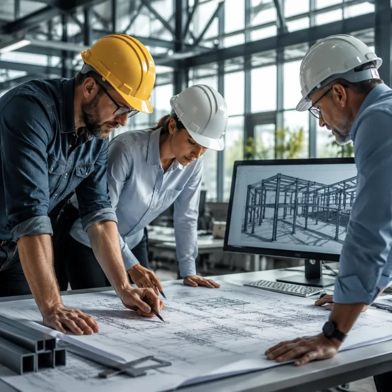 Photorealistic image of structural engineers reviewing steel building design drawings on a large table with a computer showing a 3D steel frame model,