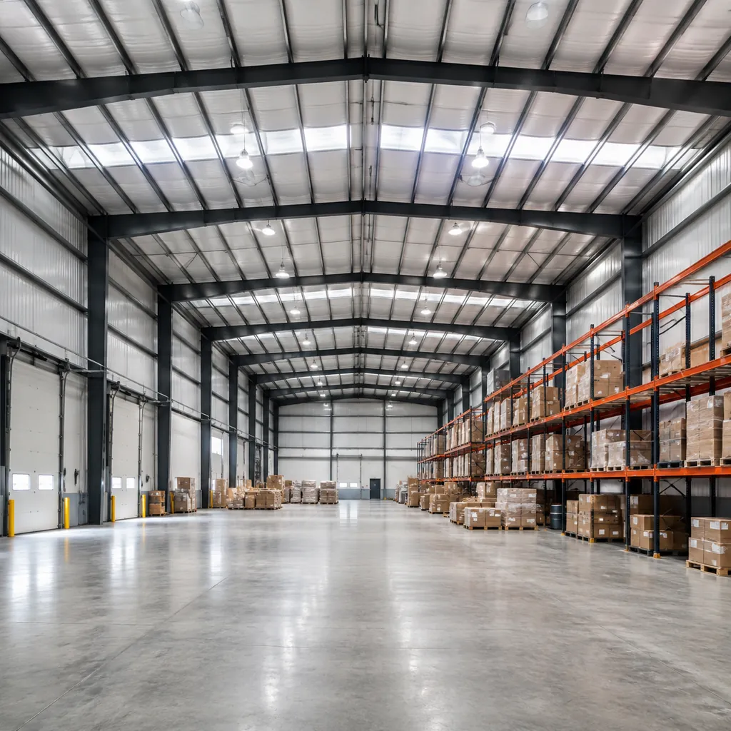 Clear-span interior of a completed pre-engineered steel building