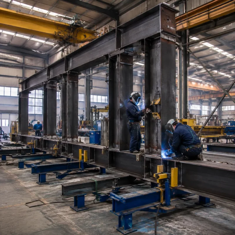 Portal frame assembly inside a steel fabrication workshop
