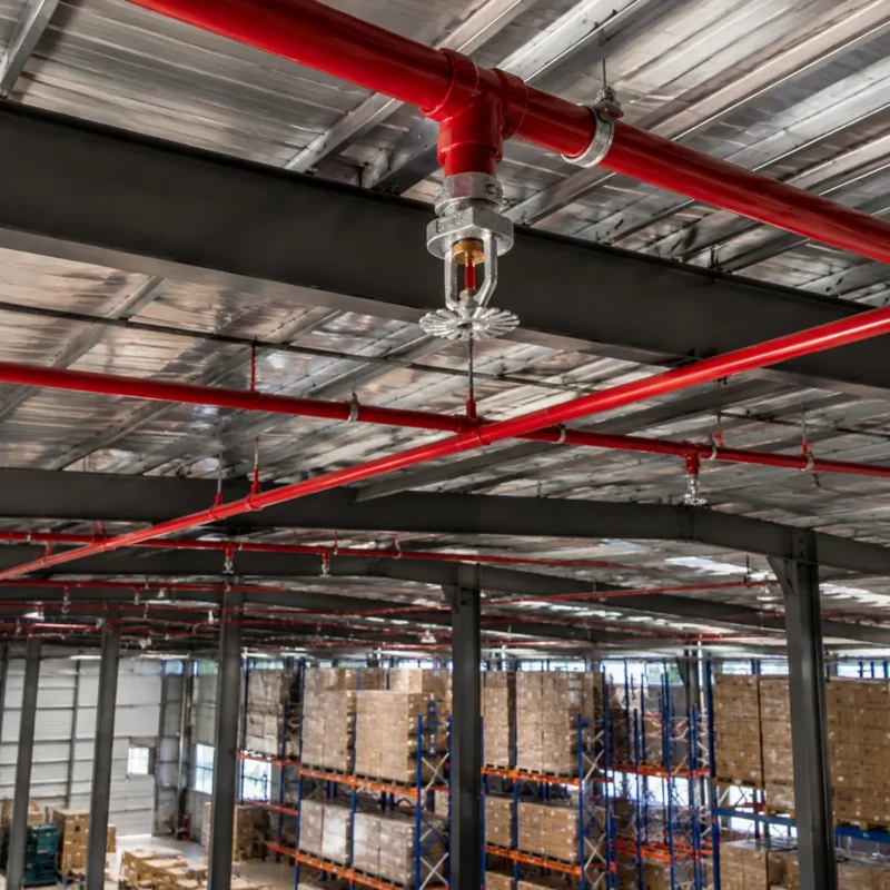 Steel warehouse interior with fire sprinkler system under the roof