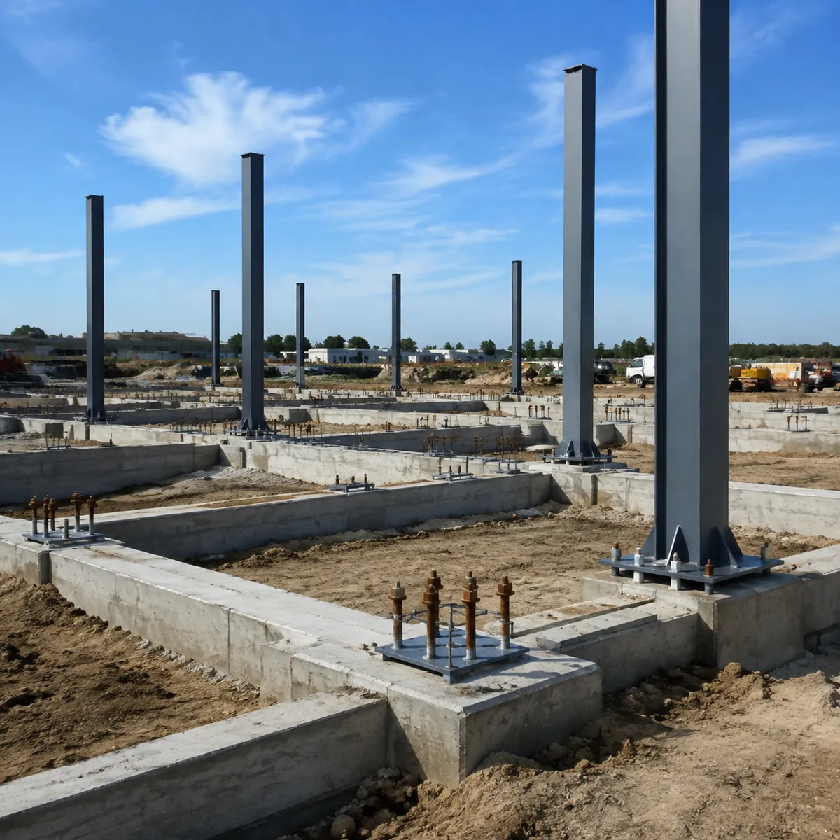 Steel warehouse foundation construction with anchor bolt cages and columns ready for erection
