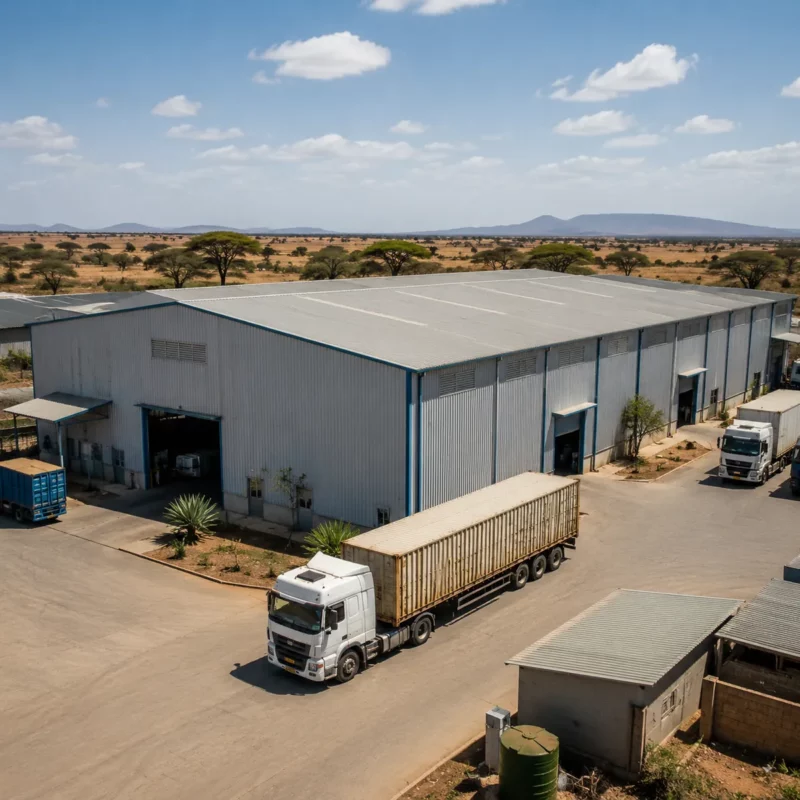Steel warehouse building in Kenya with trucks in the yard