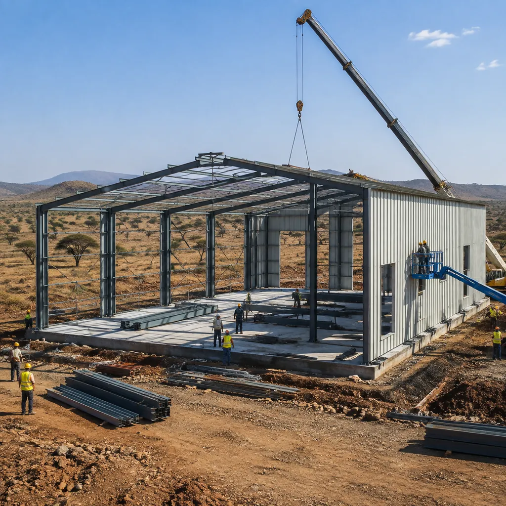 Photorealistic view of a prefab steel warehouse building under construction in Kenya with workers and crane, savanna landscape in background, clear sky,