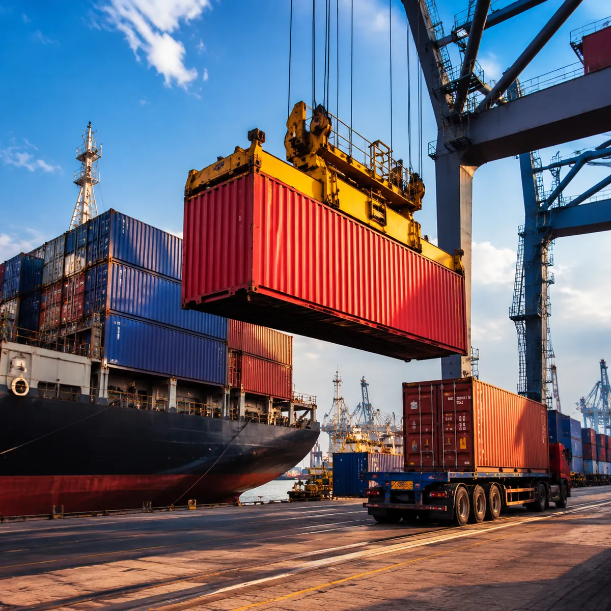Containers unloaded by gantry crane at a cargo port