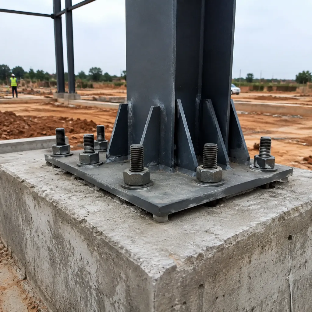 Anchor bolts embedded in a steel building foundation