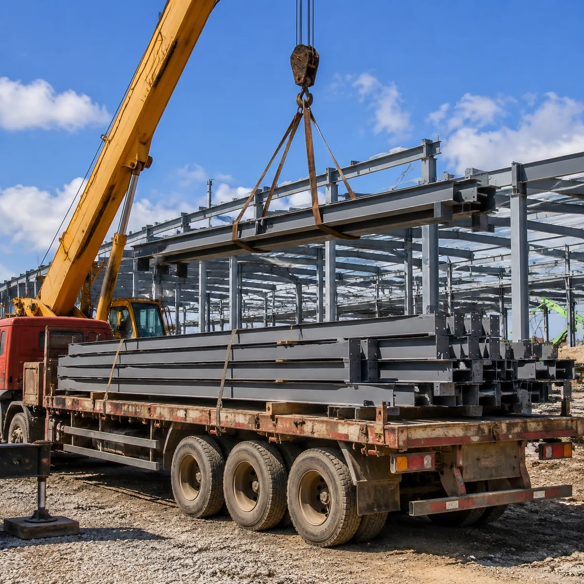 Truck delivering prefab steel warehouse kit components to a site