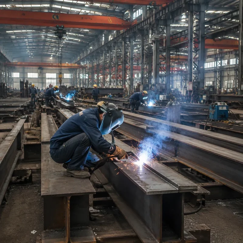 Steel building fabrication workshop producing frames
