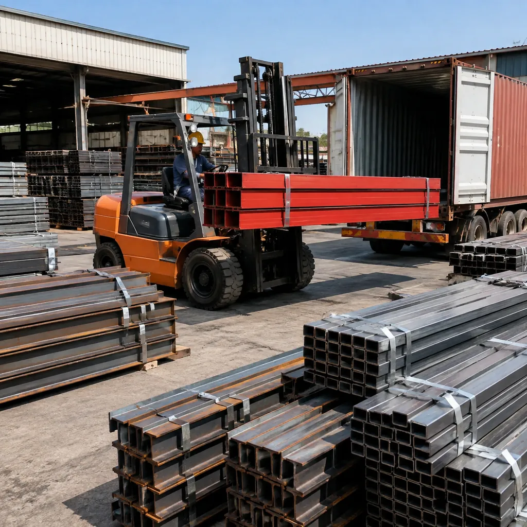 Packed steel building frames ready for container loading