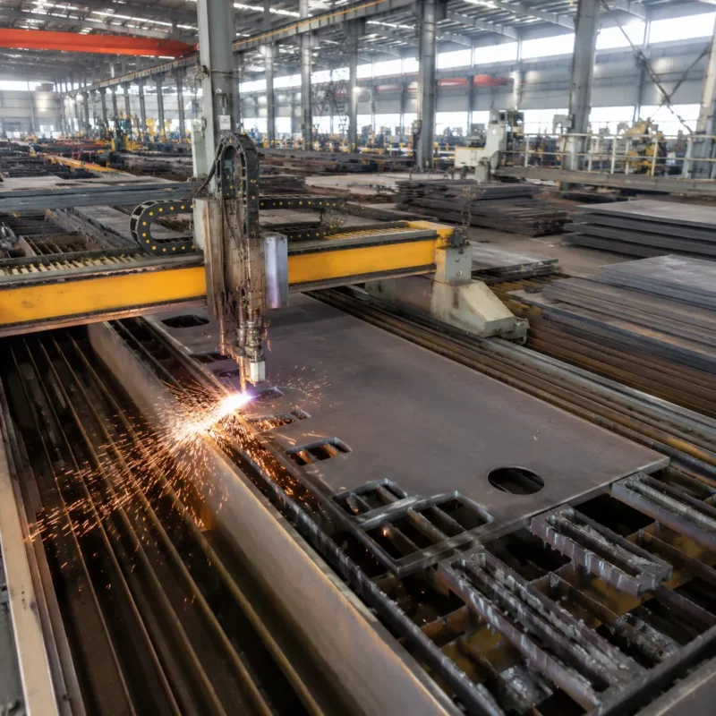 Photorealistic interior of a steel structure fabrication factory with CNC plasma cutting line cutting steel plates, sparks visible, organized workshop,