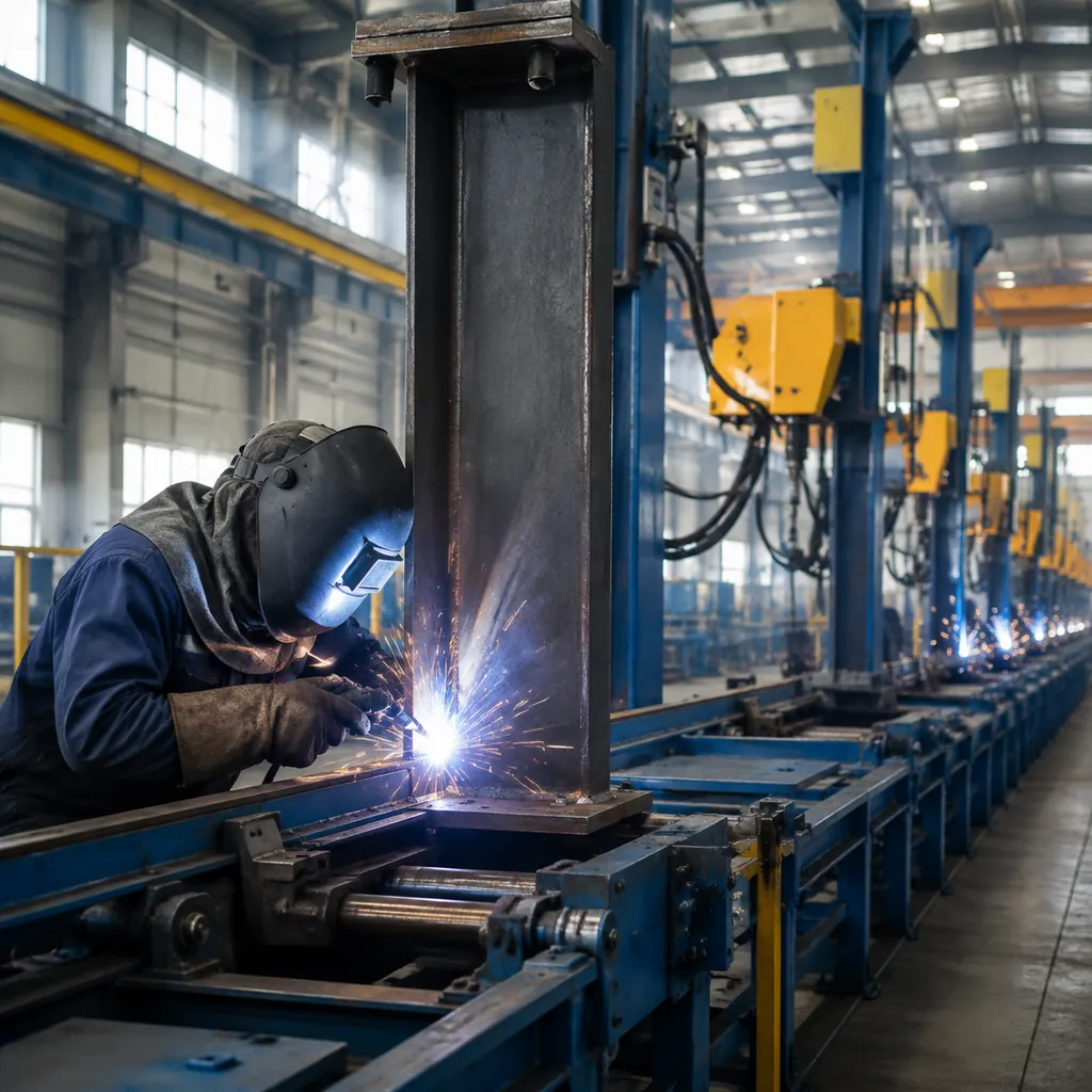 Automatic welding line in a steel building factory