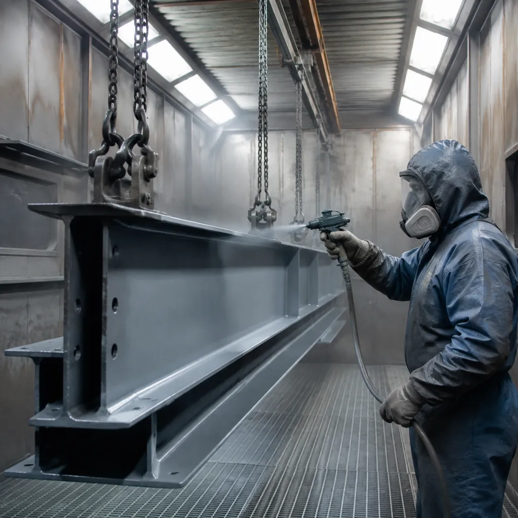 Steel beams being shot blasted and coated in a factory paint booth