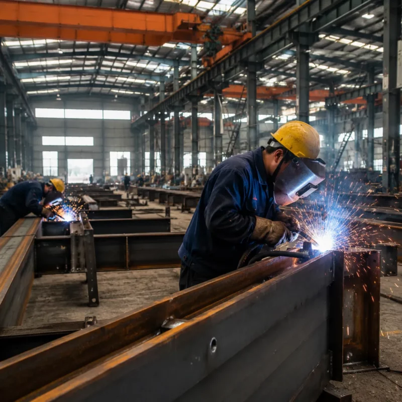 Steel structure fabrication factory interior with welding work