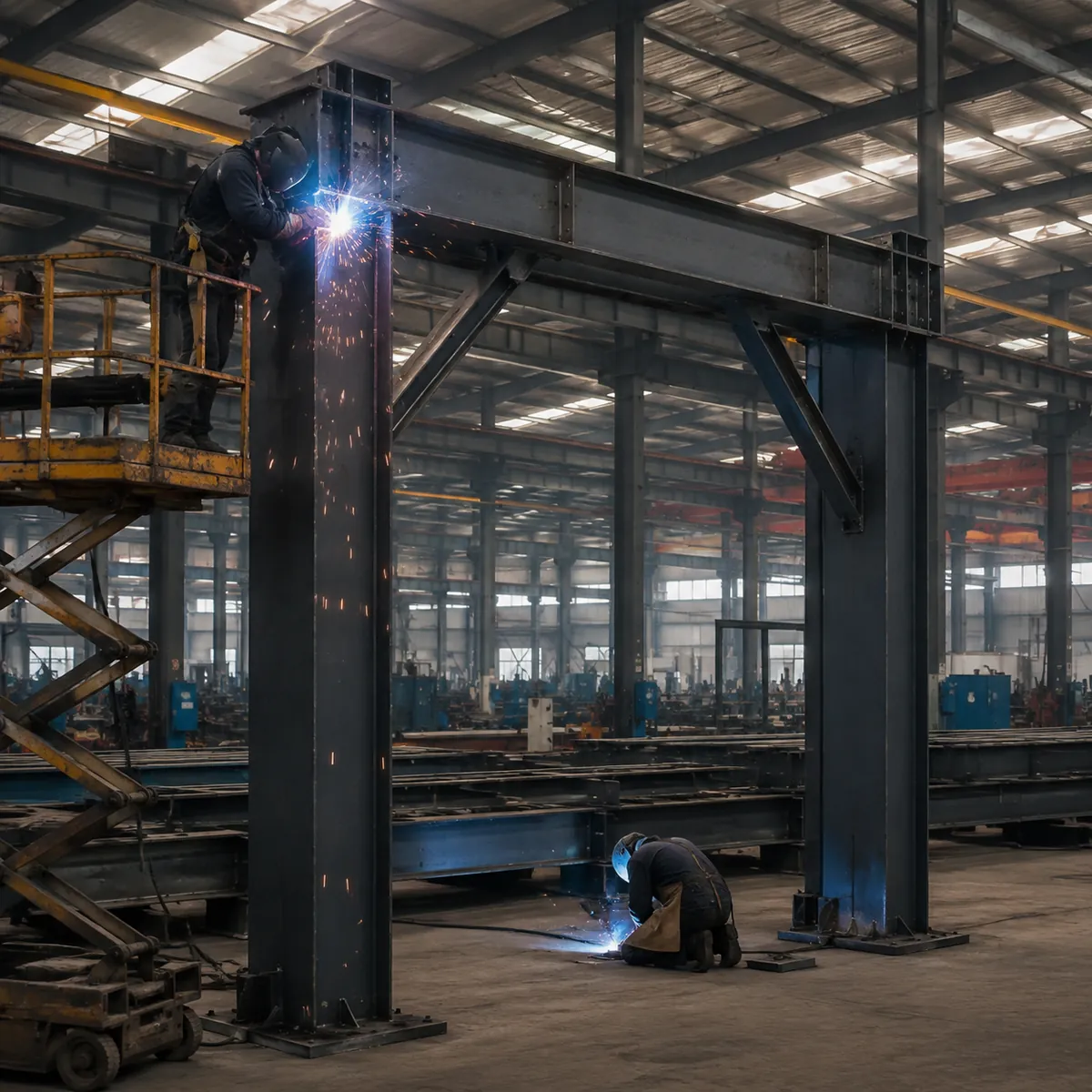 Steel building manufacturer workshop welding a portal frame