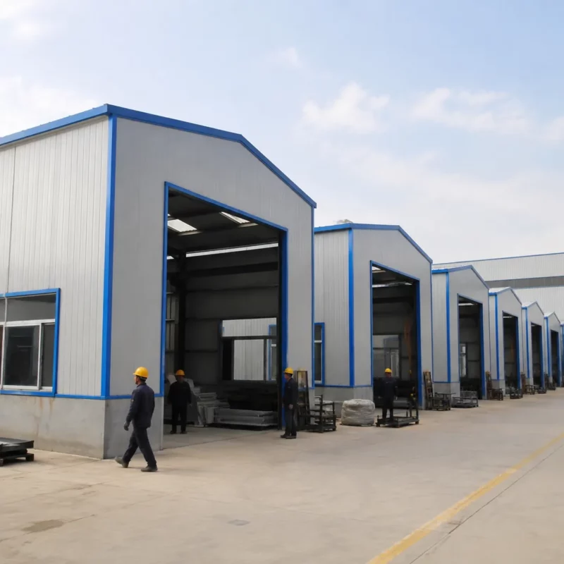 Multiple identical prefab steel buildings at a factory