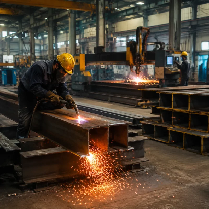 Steel fabrication workshop with workers cutting H-beams and stacked members