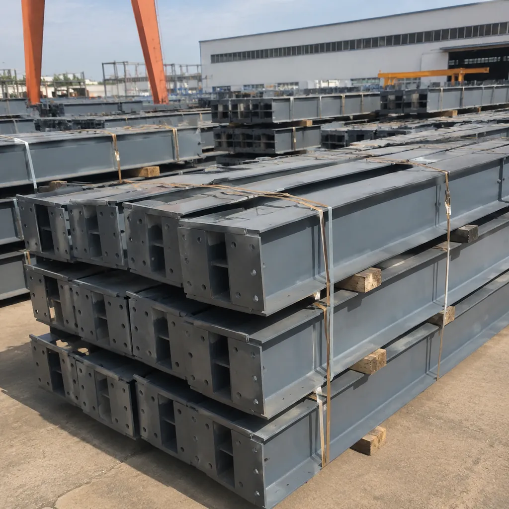 Photorealistic image of steel building frame members packed and bundled for container shipping in a factory yard, steel beams with straps,