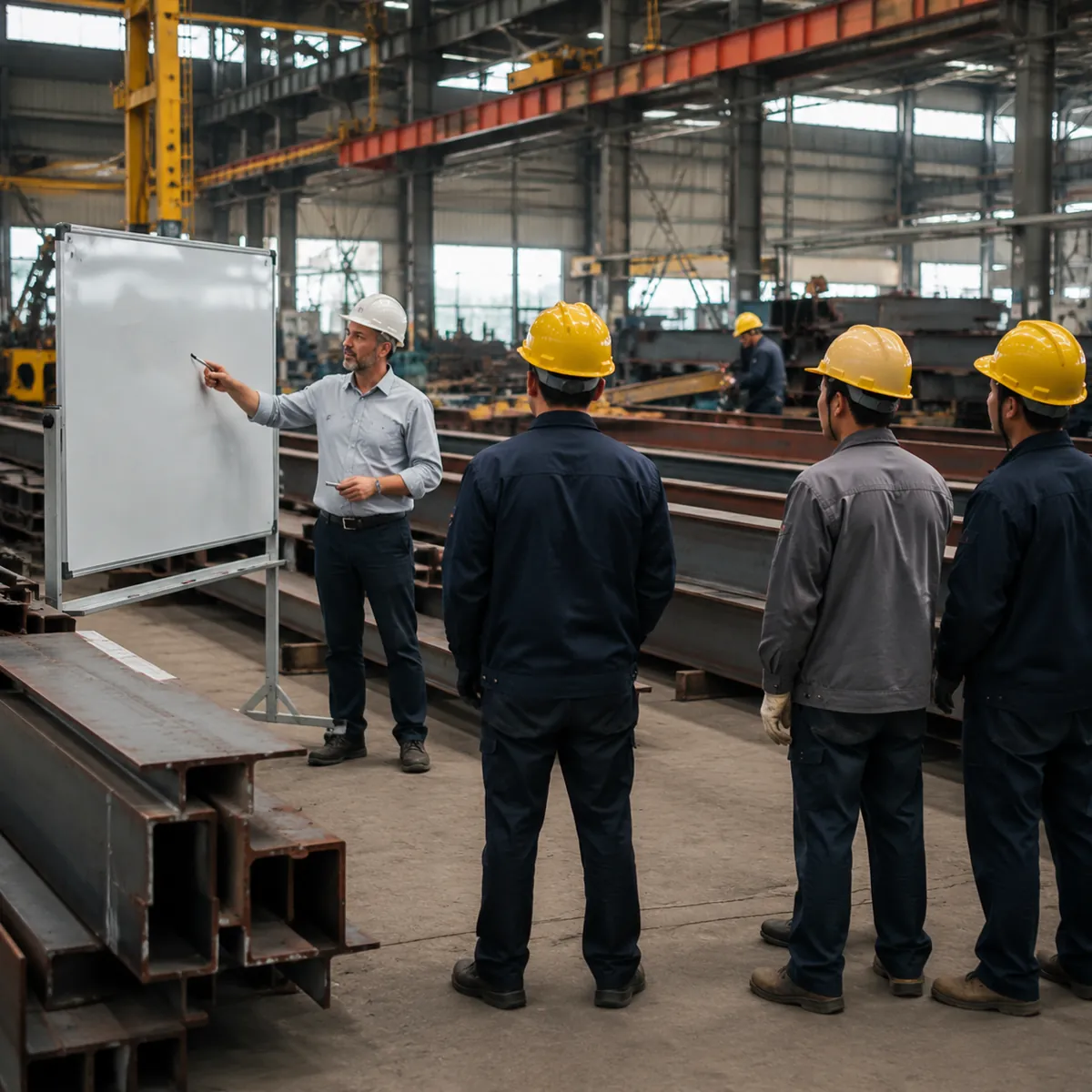 Factory manager pointing at a production schedule on a whiteboard