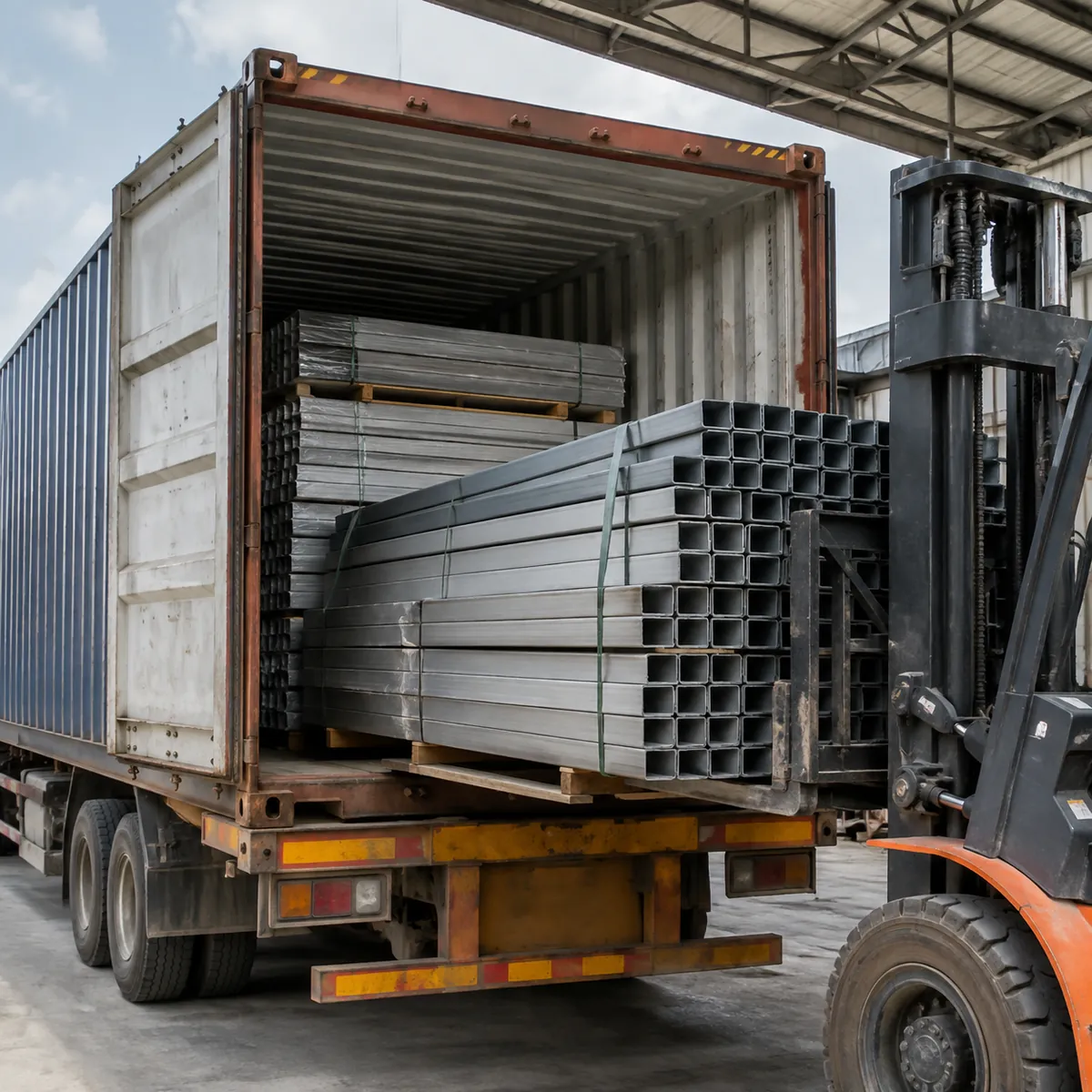 Steel frame members bundled for container shipping