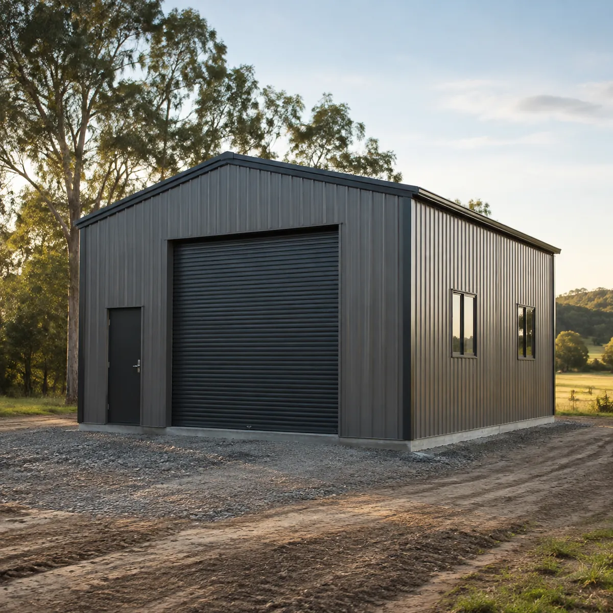 Small prefab steel workshop building in a rural setting
