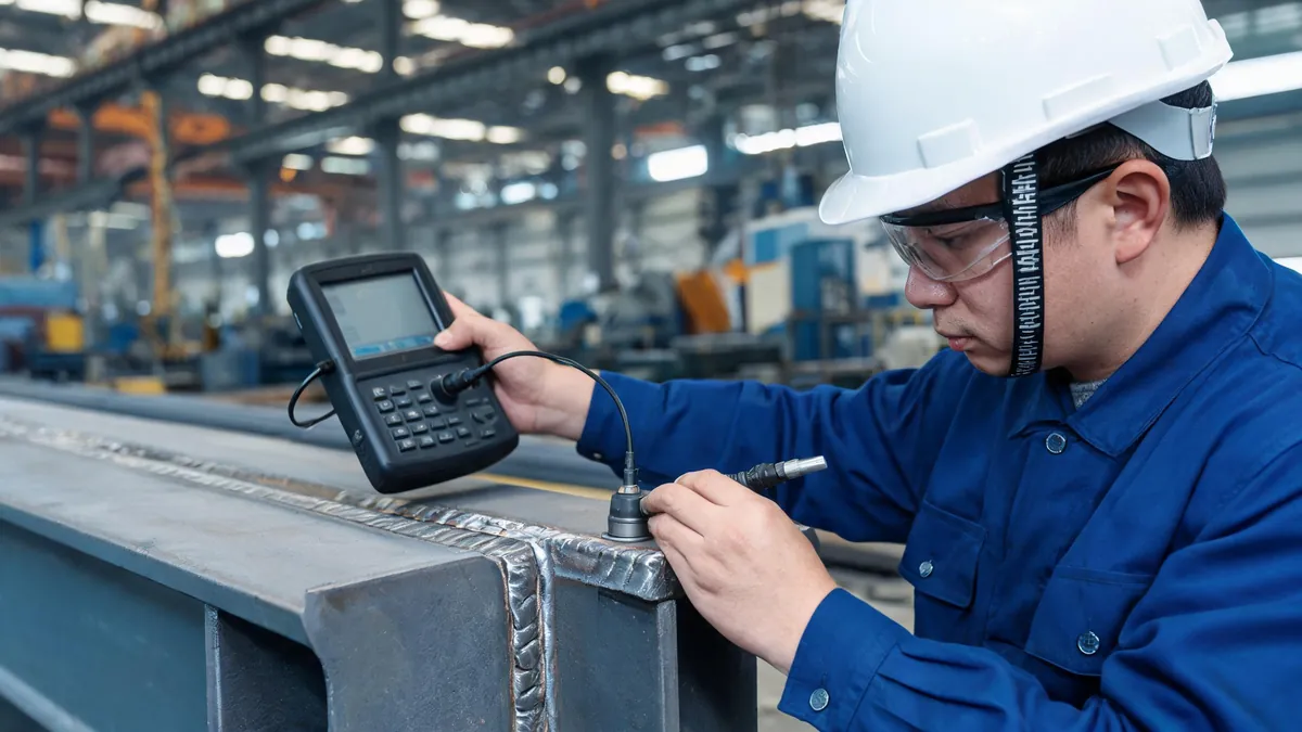 Ultrasonic testing of a welded steel beam joint in a fabrication shop