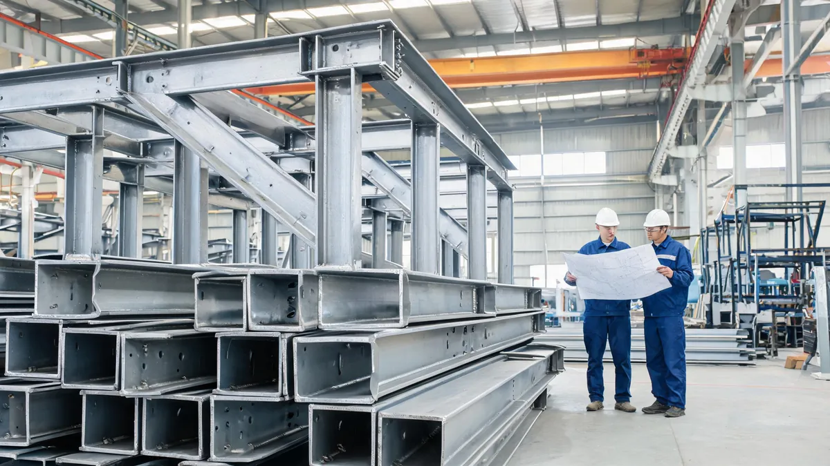 Welded portal frame columns and rafters in a steel fabrication shop