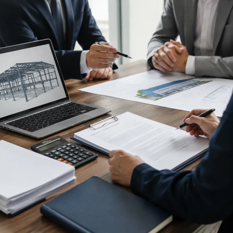 Steel building export contract and payment documents on an office desk