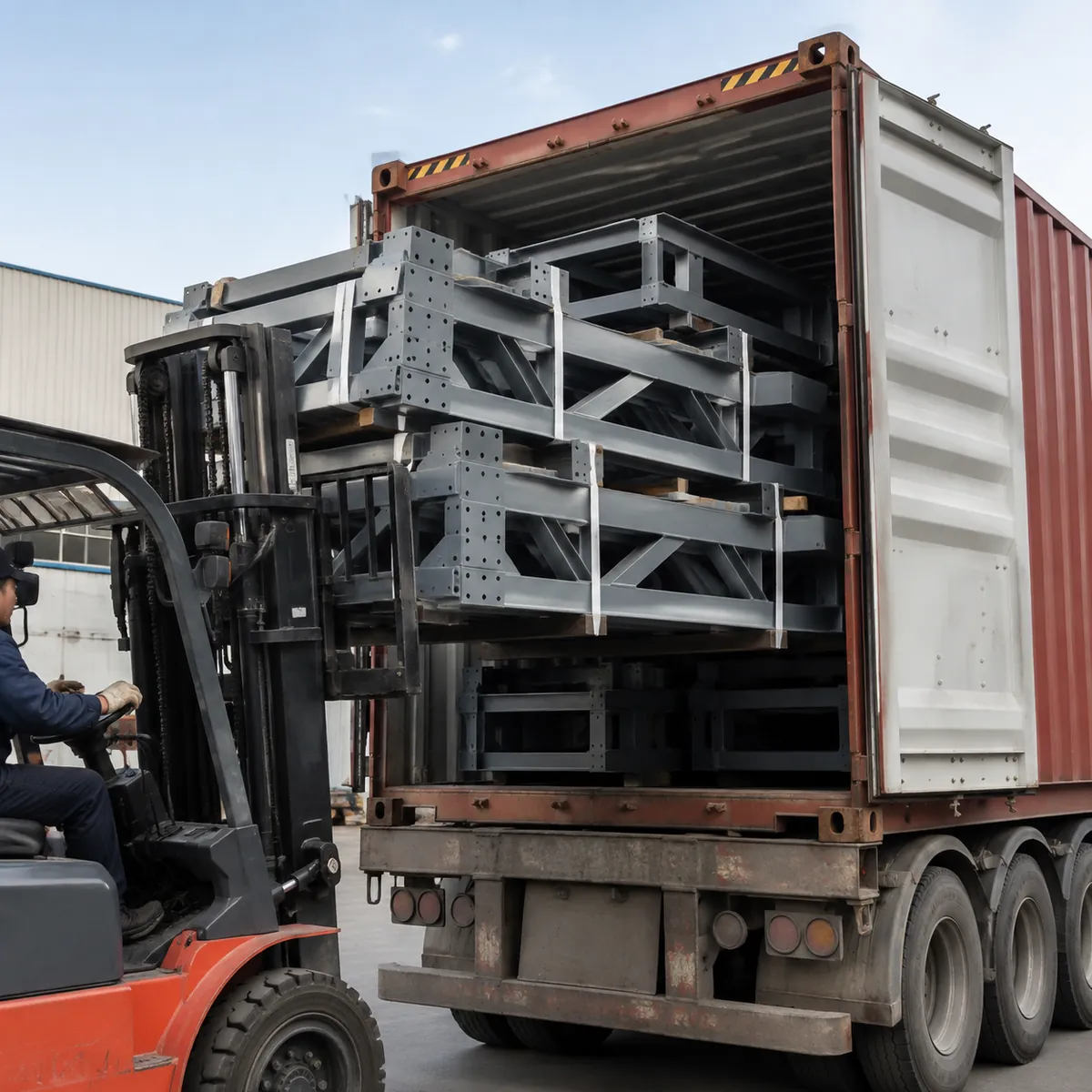Steel building frame bundles loaded into shipping containers for export