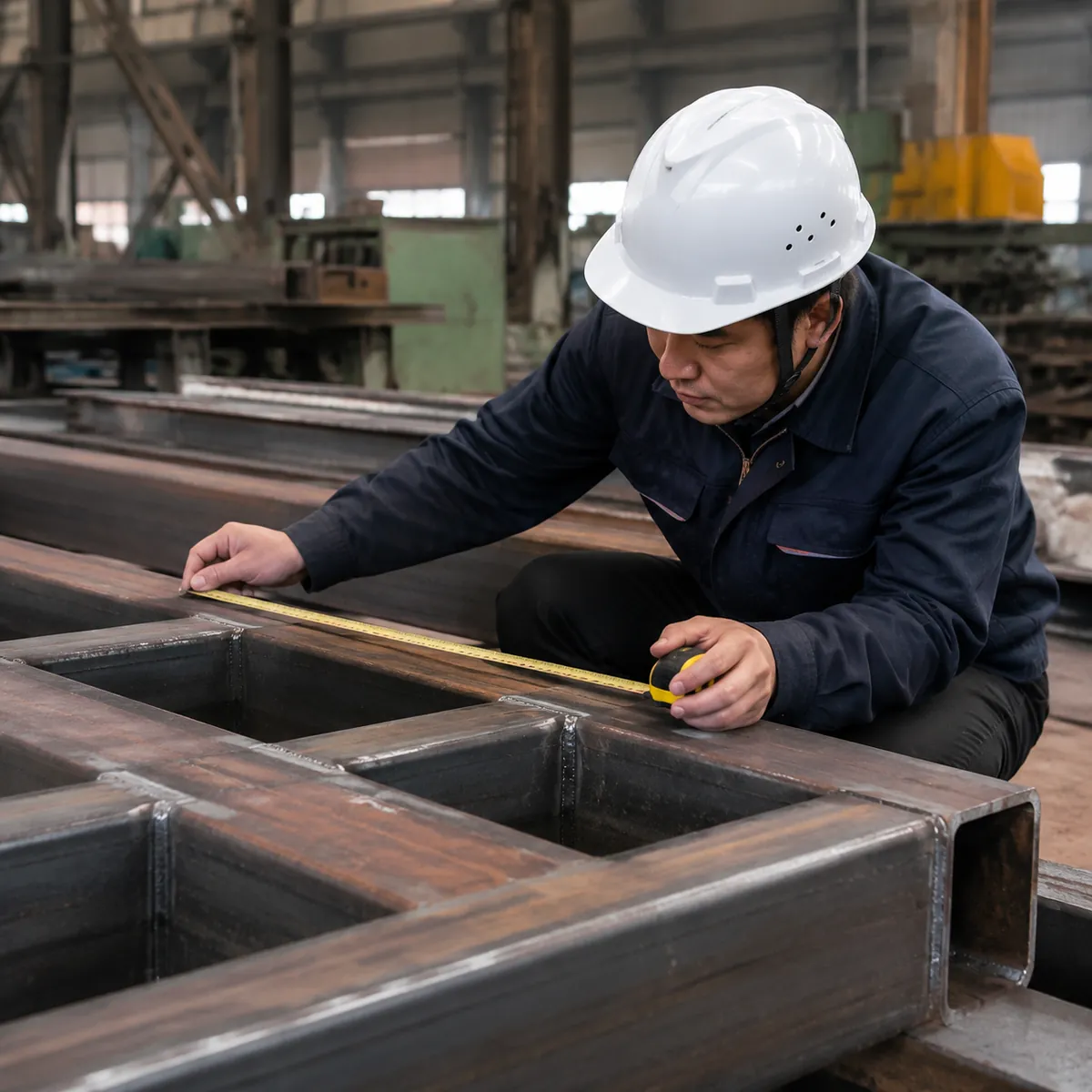 Factory inspection of welded steel frame members before shipment