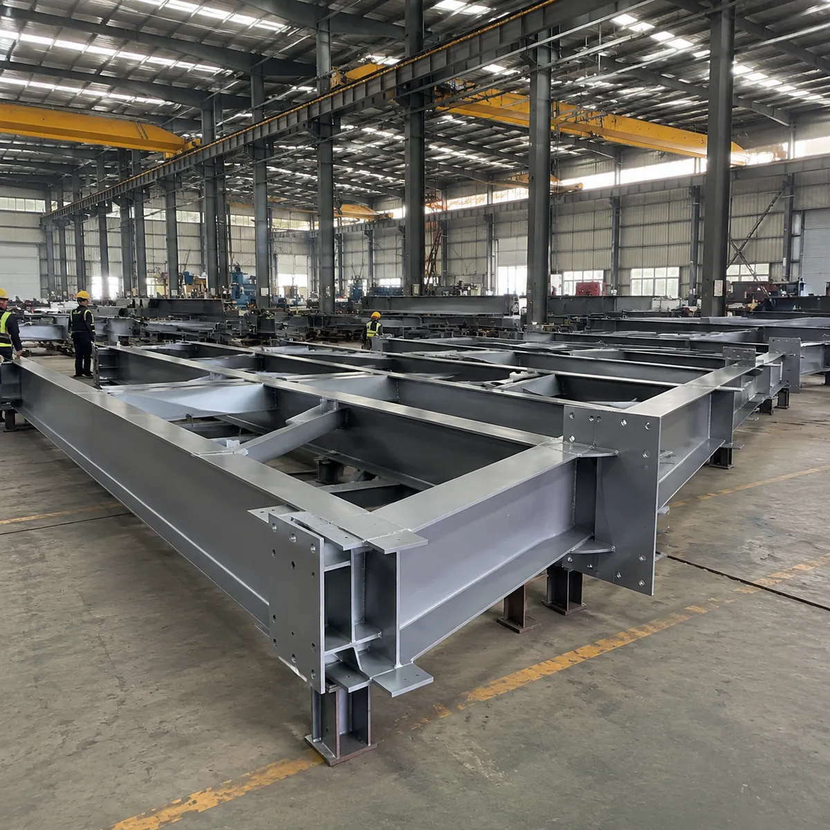 PEB factory floor with painted portal frames stacked under overhead cranes