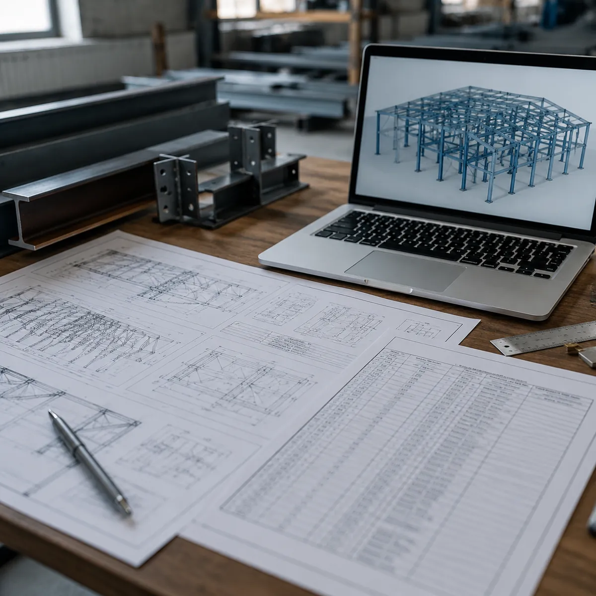 Shop drawings and 3D steel frame model in an engineering office