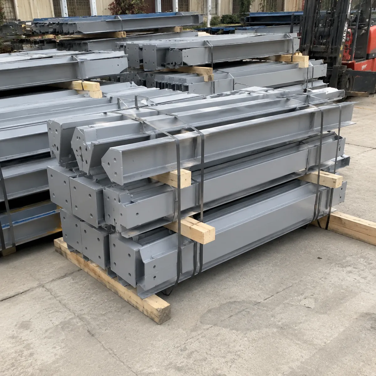 Steel members strapped and packed for export in a factory yard