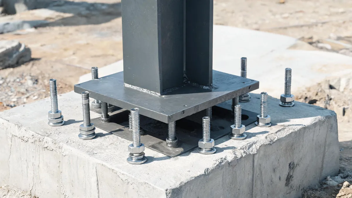 PEB warehouse column base plate and anchor bolt connection