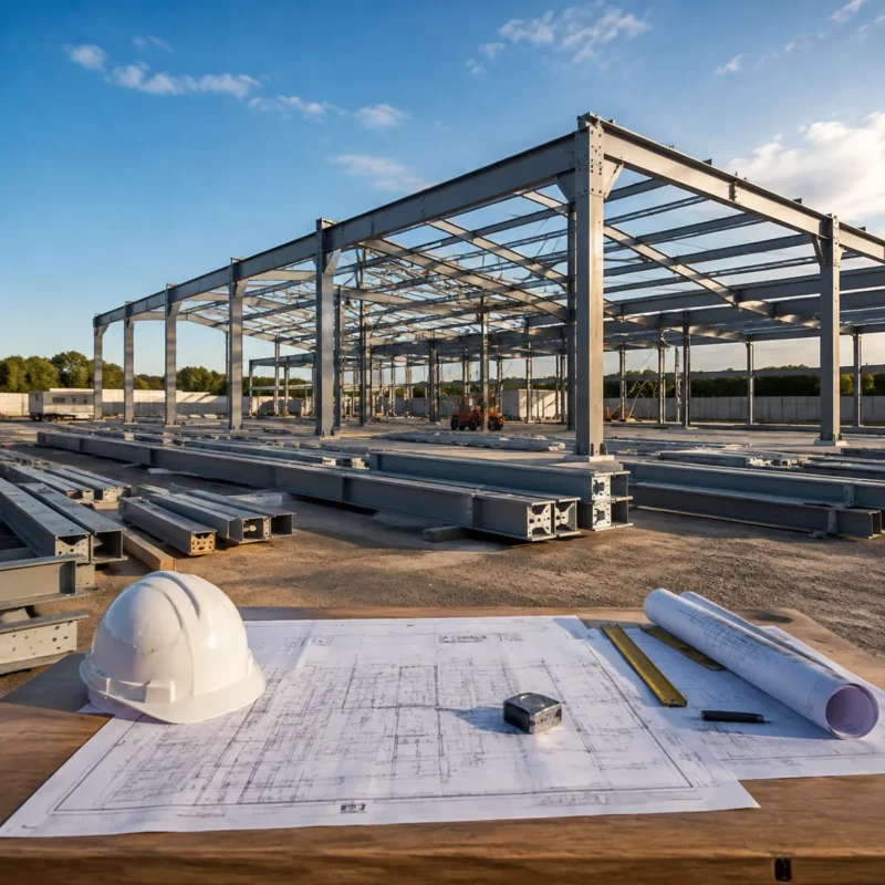 Pre-engineered steel building kit components laid out on site with blueprints