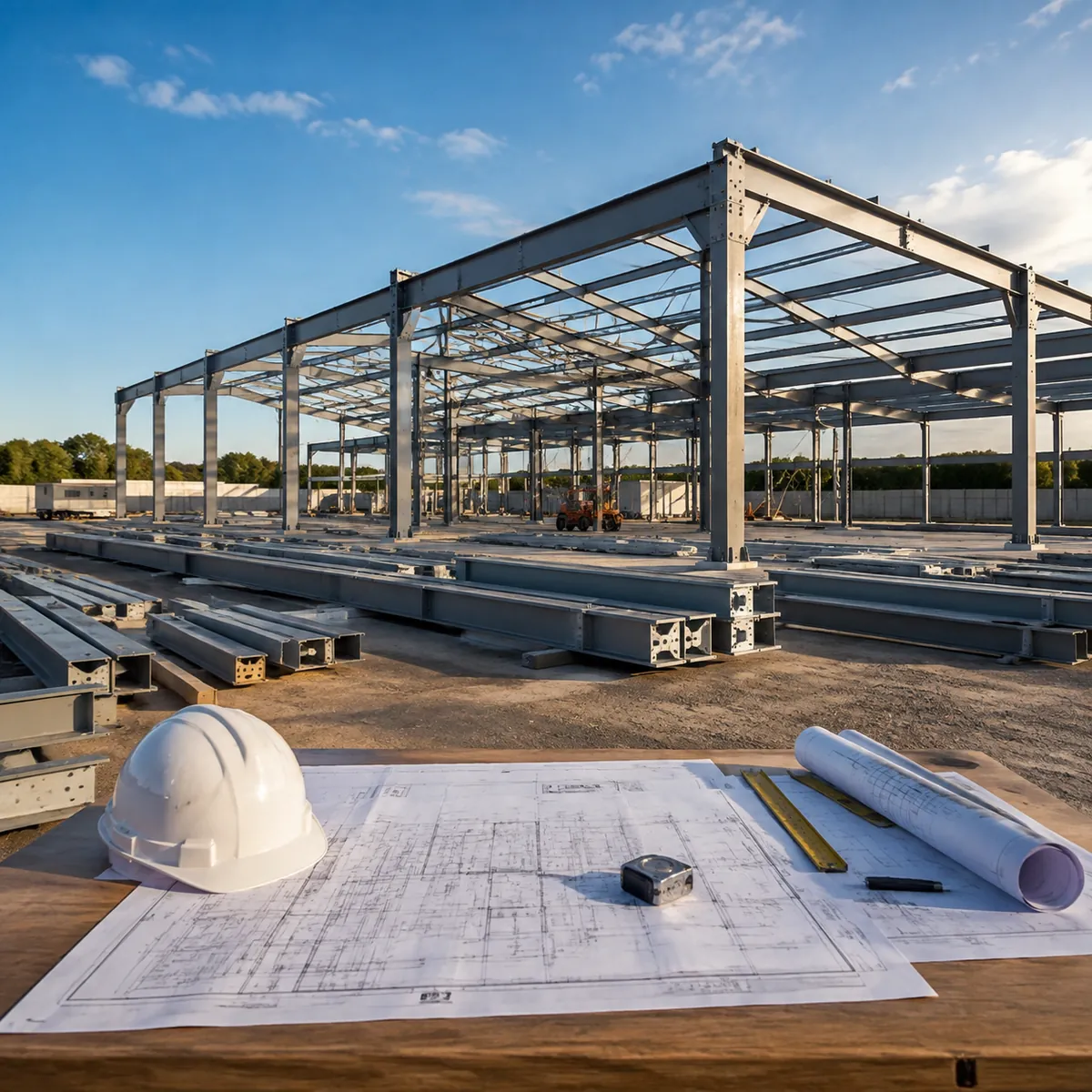 Pre-engineered steel building kit components laid out on site with blueprints