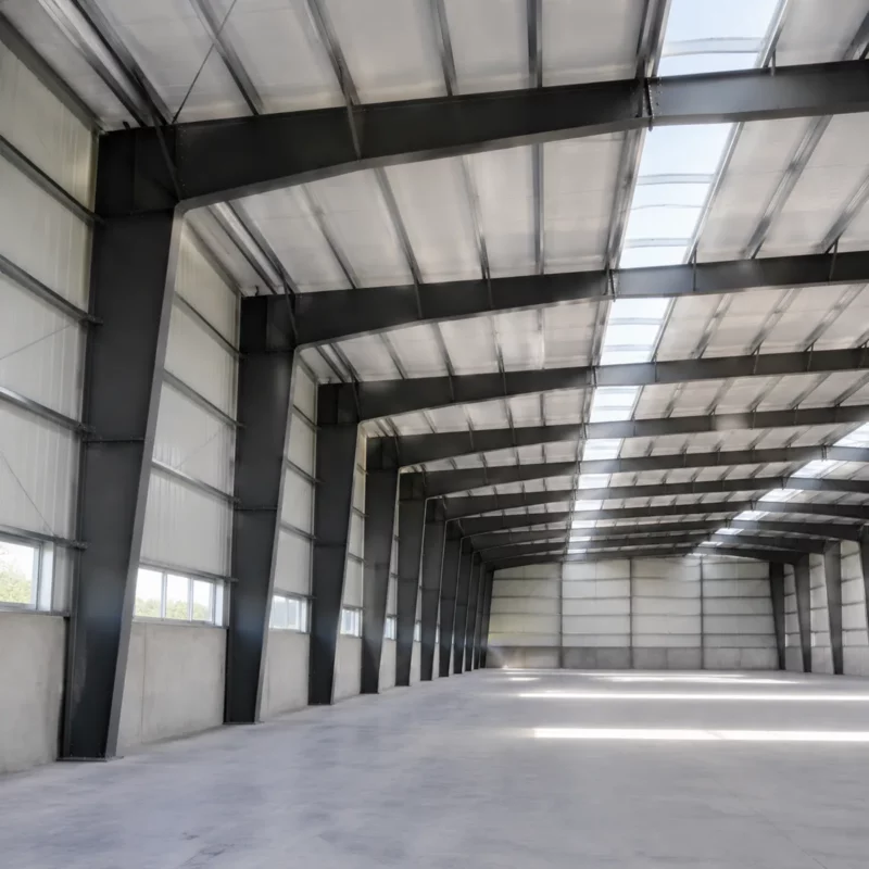 PEB warehouse interior with tapered portal frame