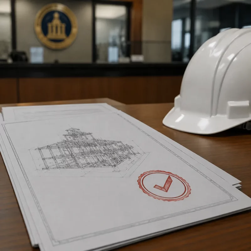 Steel building permit approval documents with stamped structural drawings